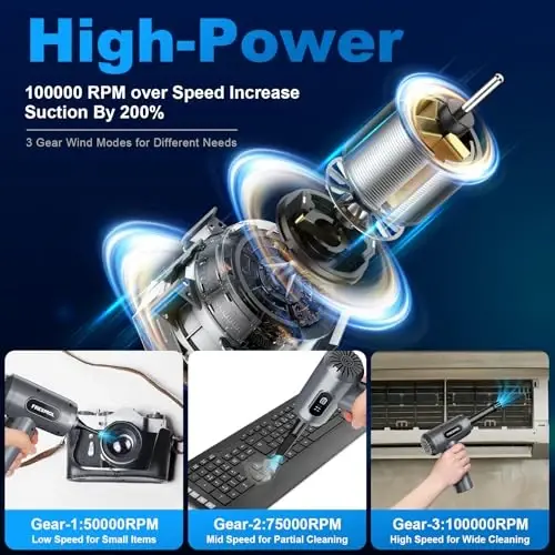 Compressed Air Duster-3 Gear Adjustable 100000RPM Electric Air Duster with LED Light, Rechargeable Cordless Air Blower for Keyboard Electric Devices Cleaning. Replaces Compressed Air Cans (Grey) - COMPRESSED (1)