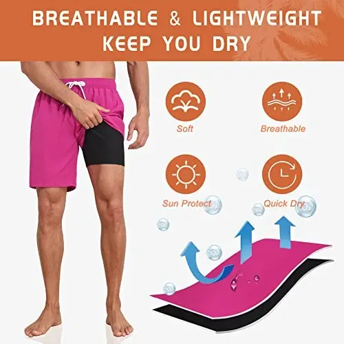 Nonwe Mens Swim Trunks with Compression Liner Quick Dry Hawaiian Bathing Suits 2 in 1 Board Shorts with Pockets - 6