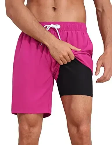 Nonwe Mens Swim Trunks with Compression Liner Quick Dry Hawaiian Bathing Suits 2 in 1 Board Shorts with Pockets - 1