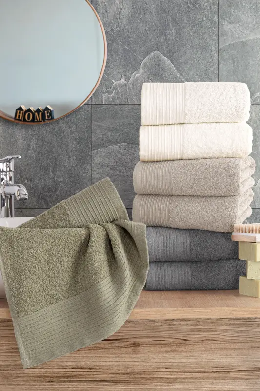 Sıla 8'li Kutulu 50x90cm Pamuk Havlu Seti | Havlu | Havlu & Havlu Seti | Çeyiz | El&Yüz Havlusu-Yeşil bej antrasit krem - 2