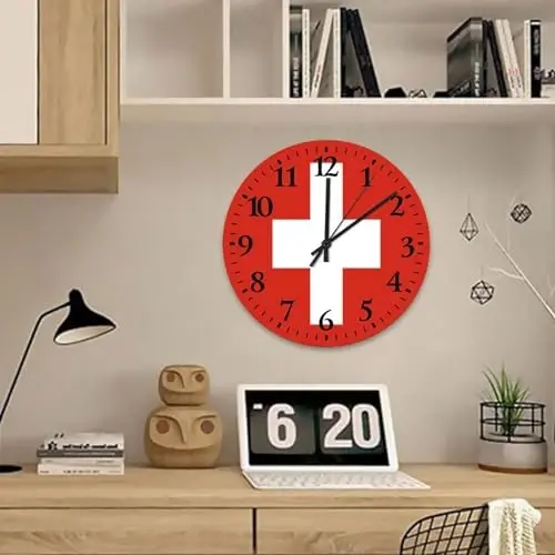 Silent Wall Clock Round Silent Non-ticking Switzerland Flag Country Wall Clocks Patriotic Vanity Gift Home Decoration for Workshop Home Porch 15 Inch - 4