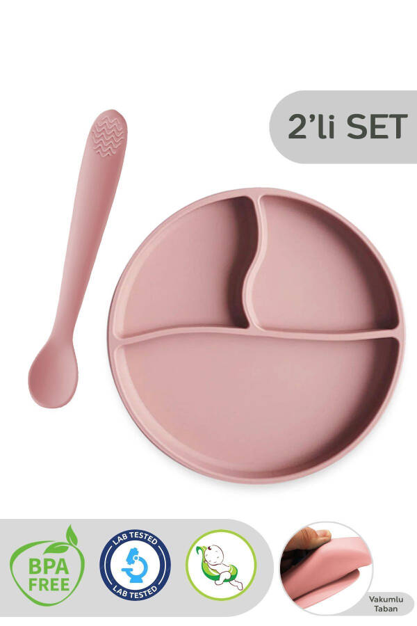 Silicone Baby Feeding Set - 2-Piece Vacuum Plate, Silicone Spoon with Teether - Pink - 1