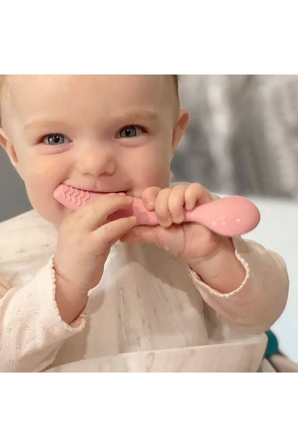 Silicone Baby Feeding Set - 2-Piece Vacuum Plate, Silicone Spoon with Teether - Pink - 3