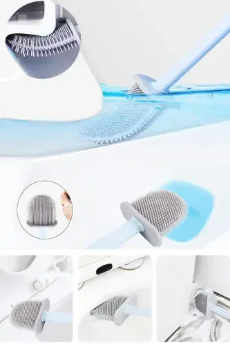 Silicone Bath Toilet Brush and Holder Set-Blue - 3