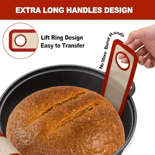 Silicone Bread Sling Dutch Oven - Best Japan Silicone. Non-Stick & Easy Clean Reusable Silicone Bread Baking Mat. With Extra Long Handles Bread Baking Sheet Liner, 2 Brown Set for Transferable Dough - 4