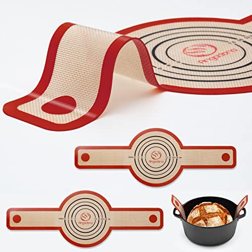 Silicone Bread Sling Dutch Oven - Best Japan Silicone. Non-Stick & Easy Clean Reusable Silicone Bread Baking Mat. With Extra Long Handles Bread Baking Sheet Liner, 2 Brown Set for Transferable Dough 