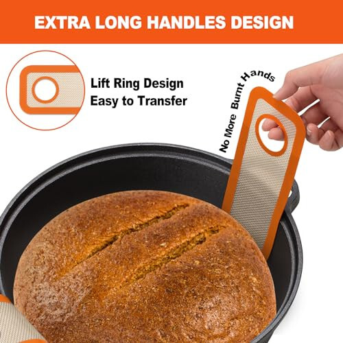 Silicone Bread Sling Dutch Oven - Best Japan Silicone. Non-Stick & Easy Clean Reusable Silicone Bread Baking Mat. With Extra Long Handles Bread Baking Sheet Liner, 2 Orange Set for Transferable Dough - 8