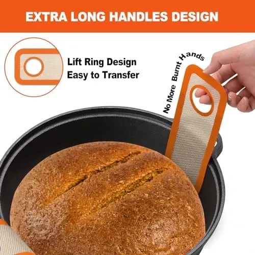 Silicone Bread Sling Dutch Oven - Best Japan Silicone. Non-Stick & Easy Clean Reusable Silicone Bread Baking Mat. With Extra Long Handles Bread Baking Sheet Liner, 2 Orange Set for Transferable Dough - 3