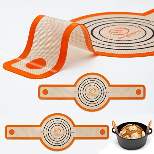 Silicone Bread Sling Dutch Oven - Best Japan Silicone. Non-Stick & Easy Clean Reusable Silicone Bread Baking Mat. With Extra Long Handles Bread Baking Sheet Liner, 2 Orange Set for Transferable Dough - 11