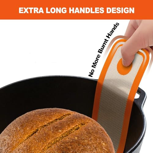 Silicone Bread Sling Dutch Oven - Best Japan Silicone. Non-Stick & Easy Clean Reusable Silicone Bread Baking Mat. With Extra Long Handles Bread Baking Sheet Liner, 2 Orange Set for Transferable Dough - 14