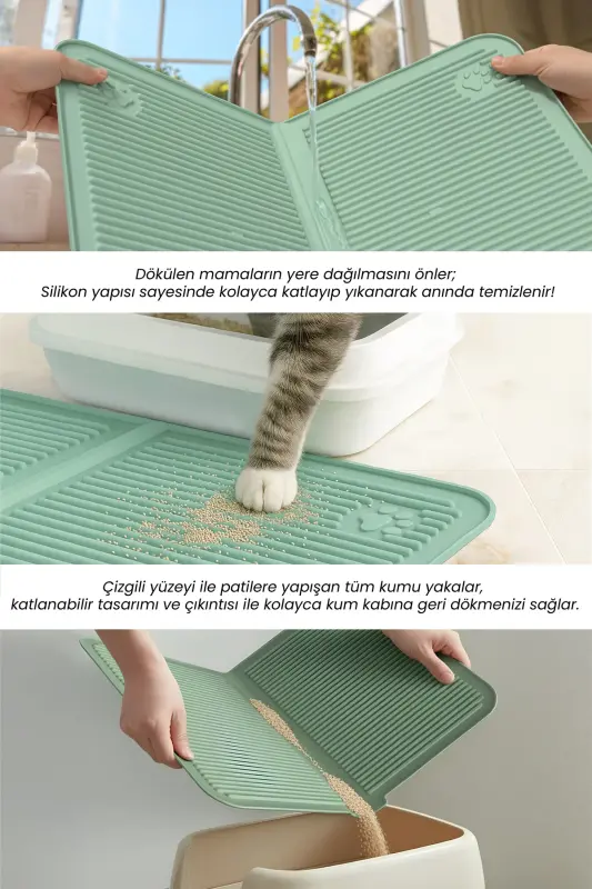 Silicone Food and Litter Mat with Pool Washable Cat Litter Box Mat Front Cat Litter Mat Large Size 40x60-Green - 12