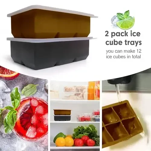 Silicone Ice Cube Trays with Lids,Large Square Ice Cube Molds for Freezer, Whiskey, Cocktail, Stackable Flexible and Reusable & Easy Release BPA Free (2 Pack&Dark Gray and Golden) - 3