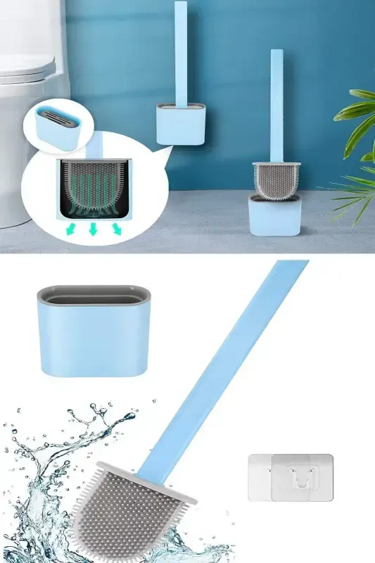 Silikon Banyo Tuvalet Klozet Fırçası ve Tutucu Set-Mavi - 5