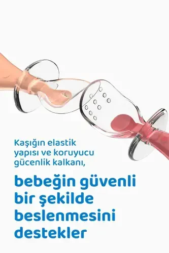 Silikon Bebek Mama Kaşık Seti, Diş Kaşıyıcı, 2 Li Set, Kırmızı Pembe - GUQQO (1)