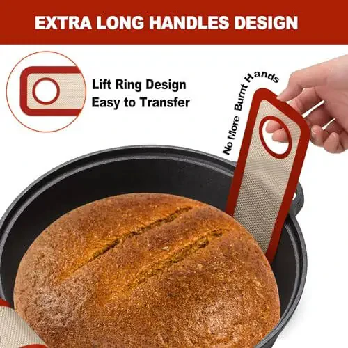 Silicone Bread Sling Dutch Oven - Best Japan Silicone Non-Stick & Easy Clean Reusable Baking Mat With Extra Long Handles, Baking Sheet Liner, 2 Brown Set for Transferable Dough - 4