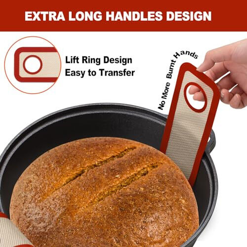 Silicone Bread Sling Dutch Oven - Best Japan Silicone. Non-Stick & Easy Clean Reusable Bread Baking Mat. With Extra Long Handles Bread Baking Sheet Liner, 2 Brown Set for Transferable Dough - 4