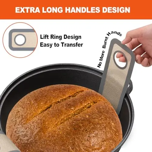Silicone Bread Sling Oval- Non-Stick & Easy Clean Reusable Oval Silicone Baking Mat for dutch oven. With Long Handles Sourdough Bread Baking mat tools supplier Liner, 2 pcs Gray - 3