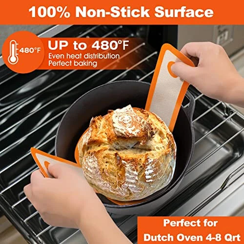 Silicone Bread Sling Dutch Oven - Best Japan Silicone Non-Stick & Easy Clean Reusable Baking Mat With Extra Long Handles, Baking Sheet Liner, 2 Orange Set for Transferable Dough - 10