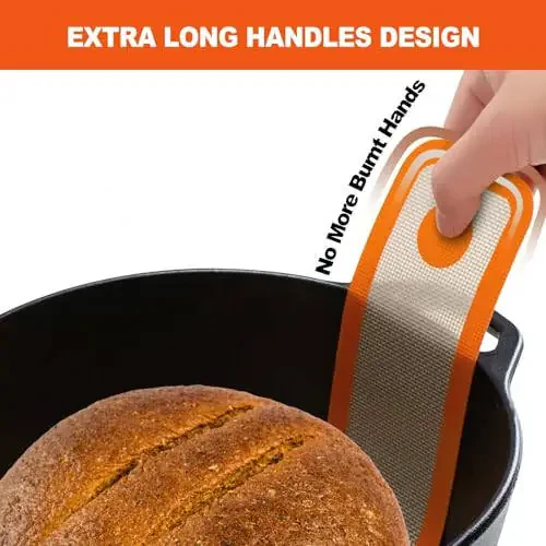 Silicone Bread Sling Dutch Oven - Best Japan Silicone Non-Stick & Easy Clean Reusable Baking Mat With Extra Long Handles, Baking Sheet Liner, 2 Orange Set for Transferable Dough - 8