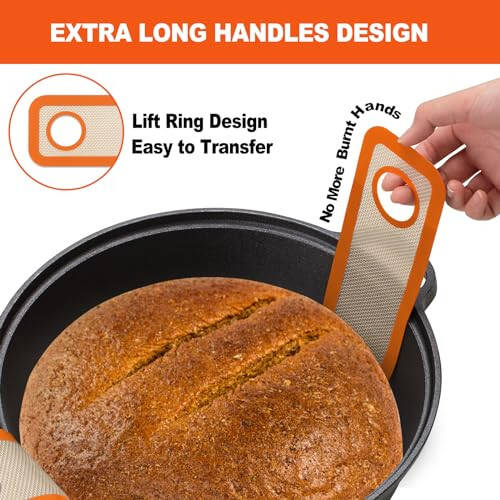Silicone Bread Sling Dutch Oven - Best Japan Silicone Non-Stick & Easy Clean Reusable Baking Mat With Extra Long Handles, Baking Sheet Liner, 2 Orange Set for Transferable Dough - 8