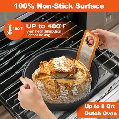 Silicone Bread Sling Dutch Oven - Best Japan Silicone Non-Stick & Easy Clean Reusable Baking Mat With Extra Long Handles, Baking Sheet Liner, 2 Orange Set for Transferable Dough - 5