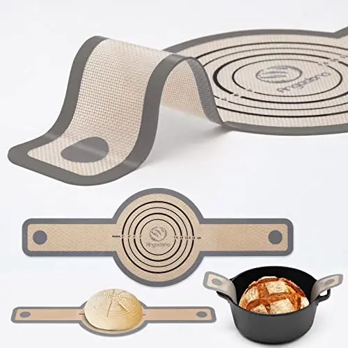 Silicone Bread Sling Dutch Oven - Best Japan Silicone. Non-Stick & Easy Clean Reusable Bread Baking Mat. With Extra Long Handles Baking Sheet Liner, 1 Grey pcs for Transferable Dough 