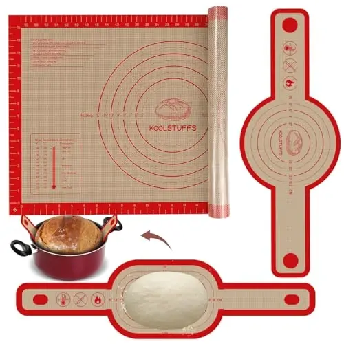 Silicone Bread Sling and Pastry Mat, 3 PCS Non-Stick & Easy Clean Reusable Silicone Bread Baking Mat with Long Handles, Easy to Transfer Sourdough Bread (Pastry Mat＆Oval and Round Bread Sling, Red) 