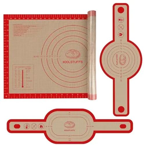 Silicone Bread Sling and Pastry Mat, 3 PCS Non-Stick & Easy Clean Reusable Silicone Bread Baking Mat with Long Handles, Easy to Transfer Sourdough Bread (Pastry Mat＆Oval and Round Bread Sling, Red) 
