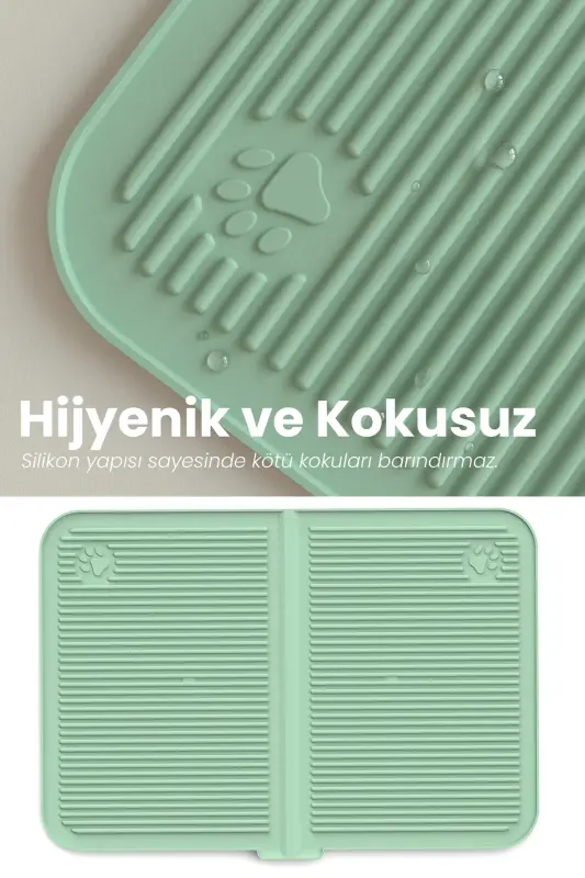 Silikon Mama ve Kum Matı Havuzlu Yıkanabilir Kedi Tuvaleti Önü Kedi Kumu Paspası Büyük Boy 40x60 - yeşil - 11