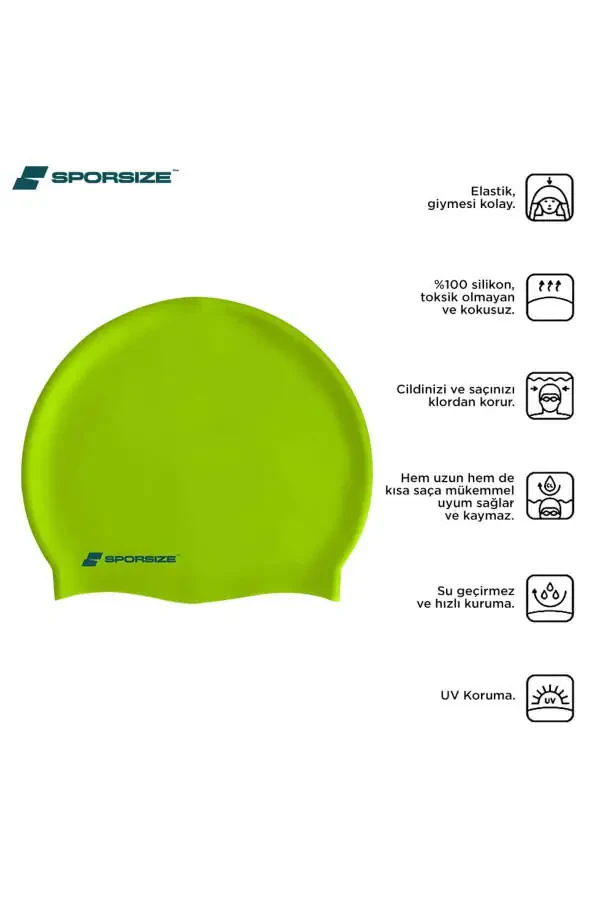 Silicone Swimming Cap - Deniz Ve Havuz Silikon Yüzücü Bonesi-Yeşil - 6