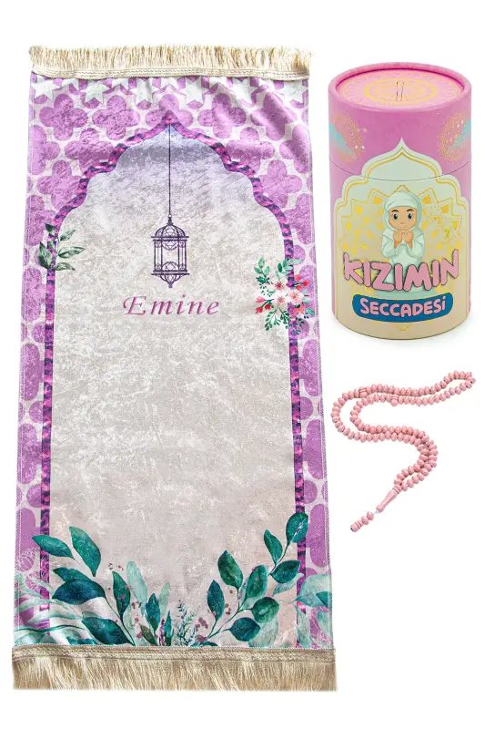 Silindir Kutulu Tesbihli Dijital Baskılı Çocuk Seccadesi Seti Pembe - Pembe - 1
