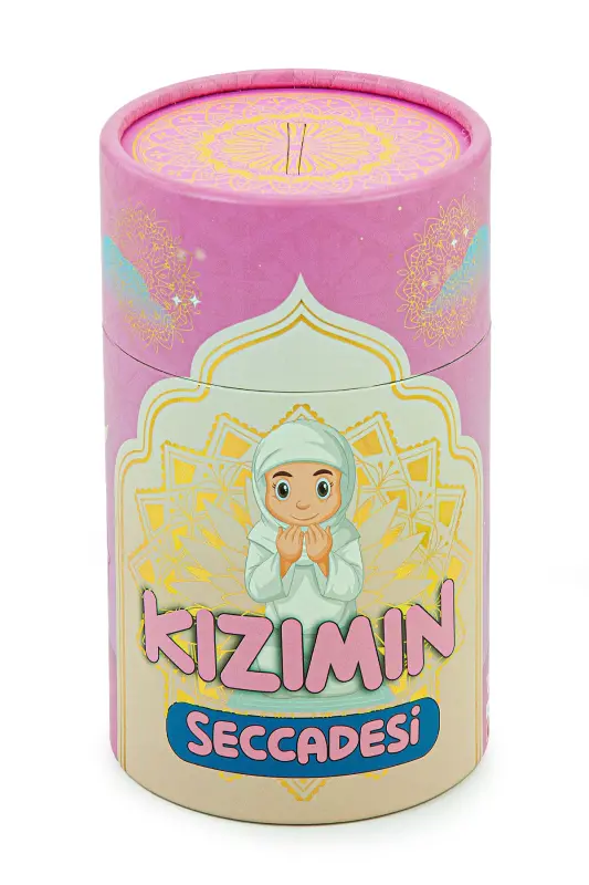 Silindir Kutulu Tesbihli Dijital Baskılı Çocuk Seccadesi Seti Pembe - Pembe - 3