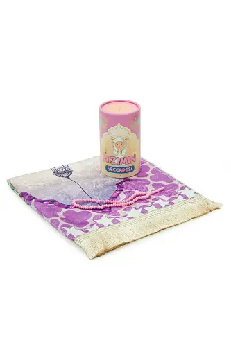 Silindir Kutulu Tesbihli Dijital Baskılı Çocuk Seccadesi Seti Pembe - Pembe - 4