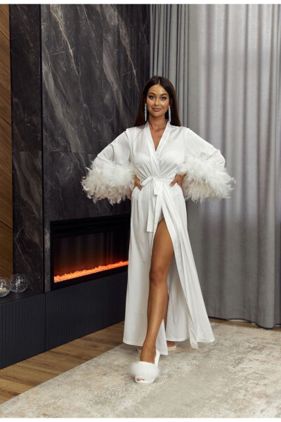 Silk Satin Feather Bridal Robe with Austrian Sleeves - 5