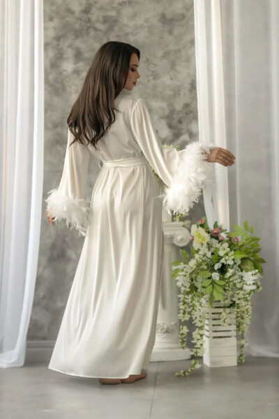 Silk Satin Feather Trimmed Bride Robe with Ottoman Sleeves - 29