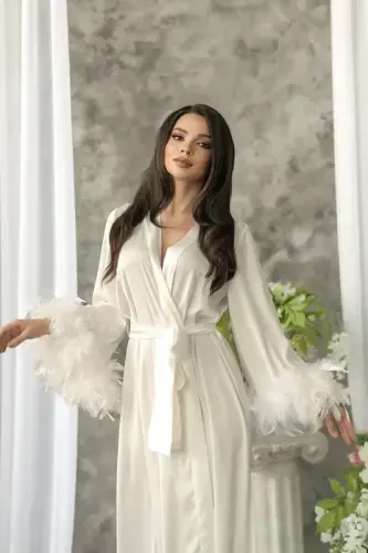 Silk Satin Feather Trimmed Bride Robe with Ottoman Sleeves - LA DONNA (1)