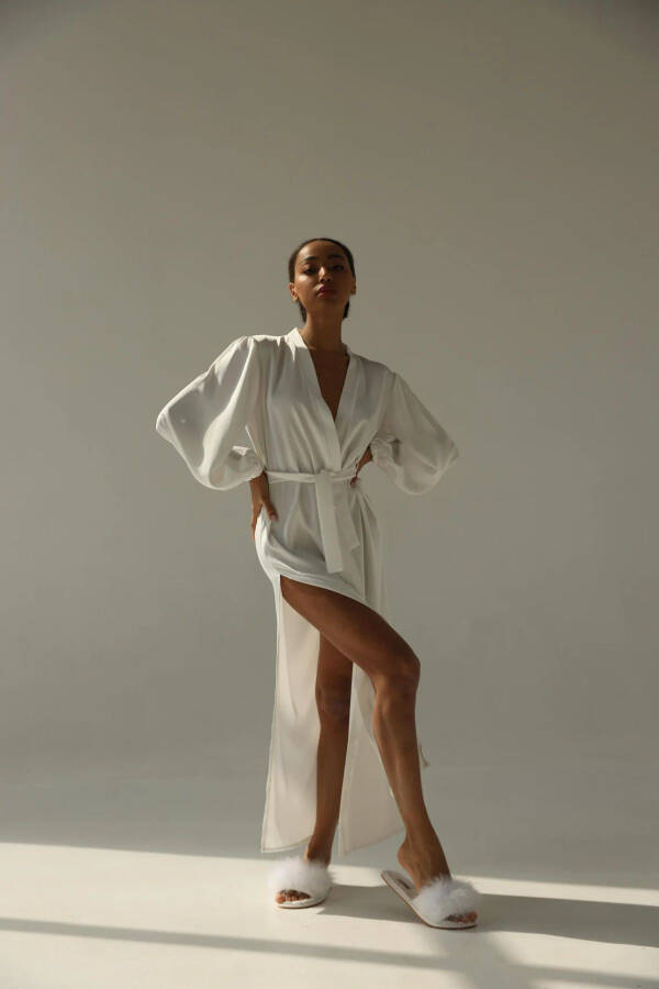 Silk Satin Slit, Elastic Sleeve Bridal Robe - 2