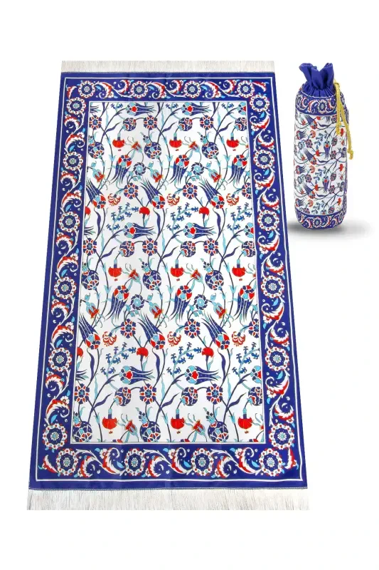 Silk Textured Prayer Rug with Carrying Bag Ipk02-Navy Blue - 1