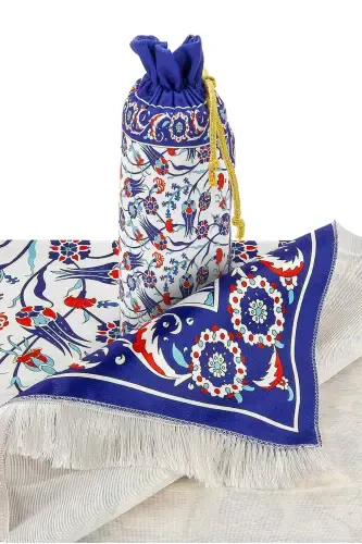 Silk Textured Prayer Rug with Carrying Bag Ipk02-Navy Blue - 2
