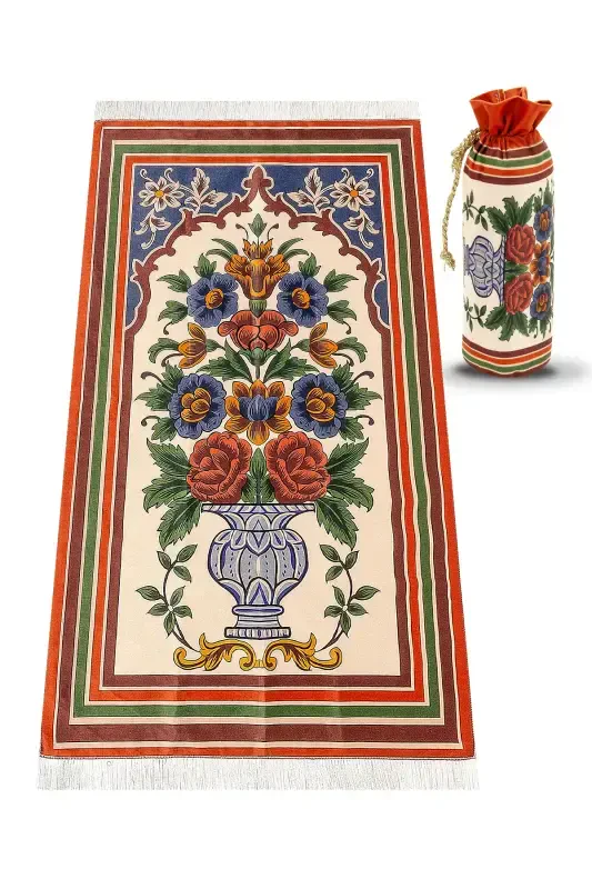 Silk Textured Prayer Rug with Carrying Bag Ipk08-Burgundy - 1