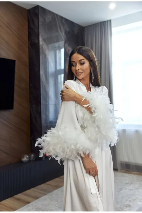 Silky Satin Feather Bridal Robe with Austrian Sleeves - 1