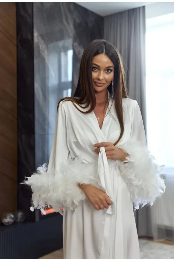 Silky Satin Feather Bridal Robe with Austrian Sleeves - 3
