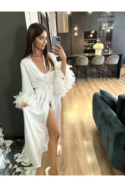 Silky Satin Feather Bridal Robe with Austrian Sleeves - 4