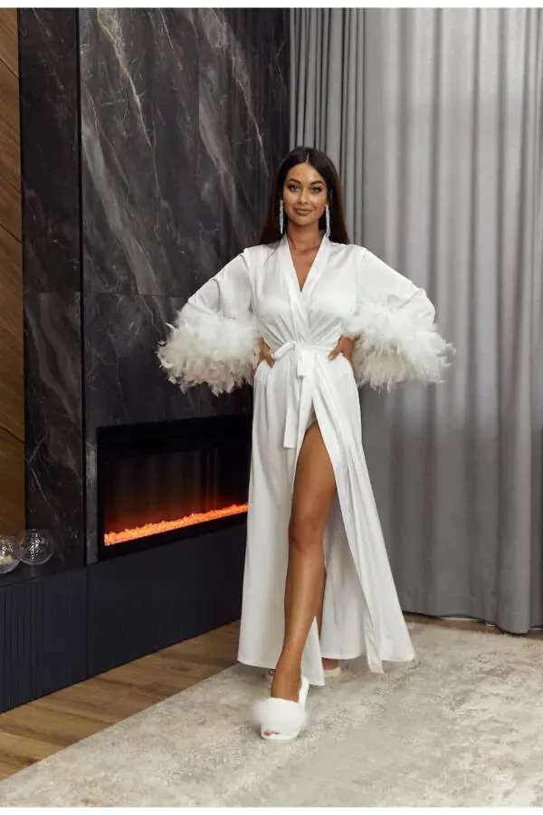 Silky Satin Feather Bridal Robe with Austrian Sleeves - 5