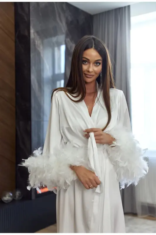 Silky Satin Feather Bridal Robe with Austrian Sleeves - 3