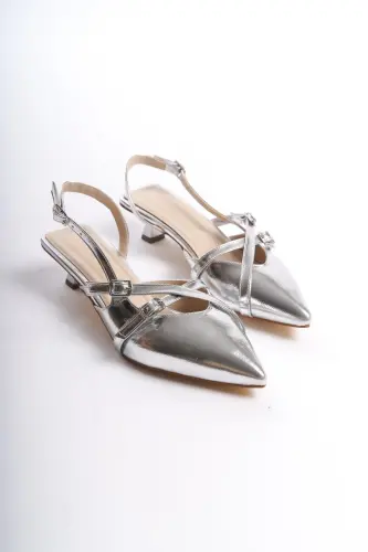 Silver 3 cm Heeled Women's Shoes with Strappy Buckle Detail Pointed Toe 