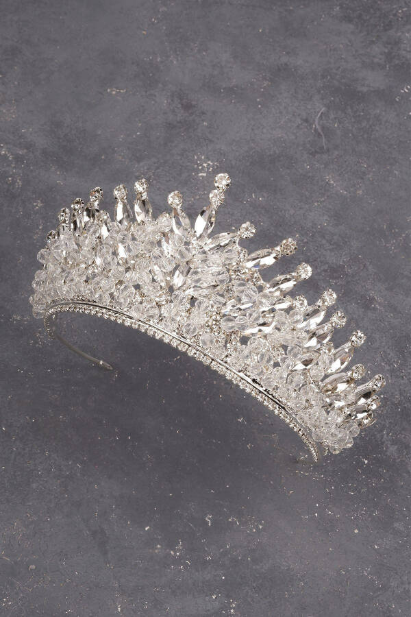 Silver Bridal Henna Wedding Crown with Crystal Stone and Bead Decoration - 10