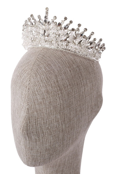 Silver Bridal Henna Wedding Crown with Crystal Stone and Bead Decoration - 2