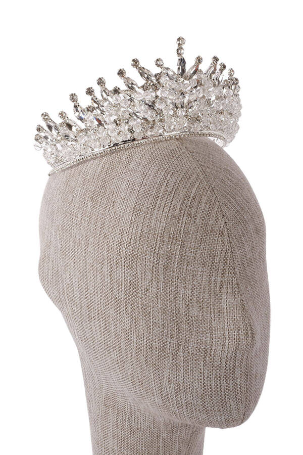 Silver Bridal Henna Wedding Crown with Crystal Stone and Bead Decoration - 8