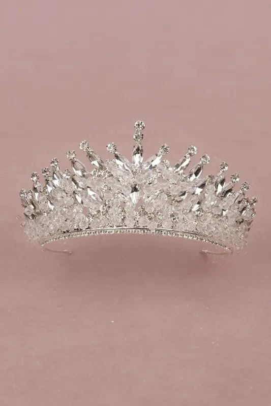 Silver Bridal Henna Wedding Crown with Crystal Stone and Bead Decoration - HAYALPEREST BONCUK